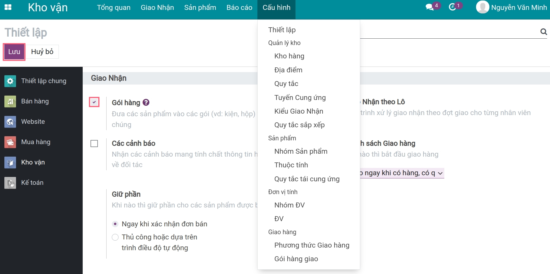 Kích hoạt tính năng gói hàng trong Phần mềm Quản lý kho của Viindoo