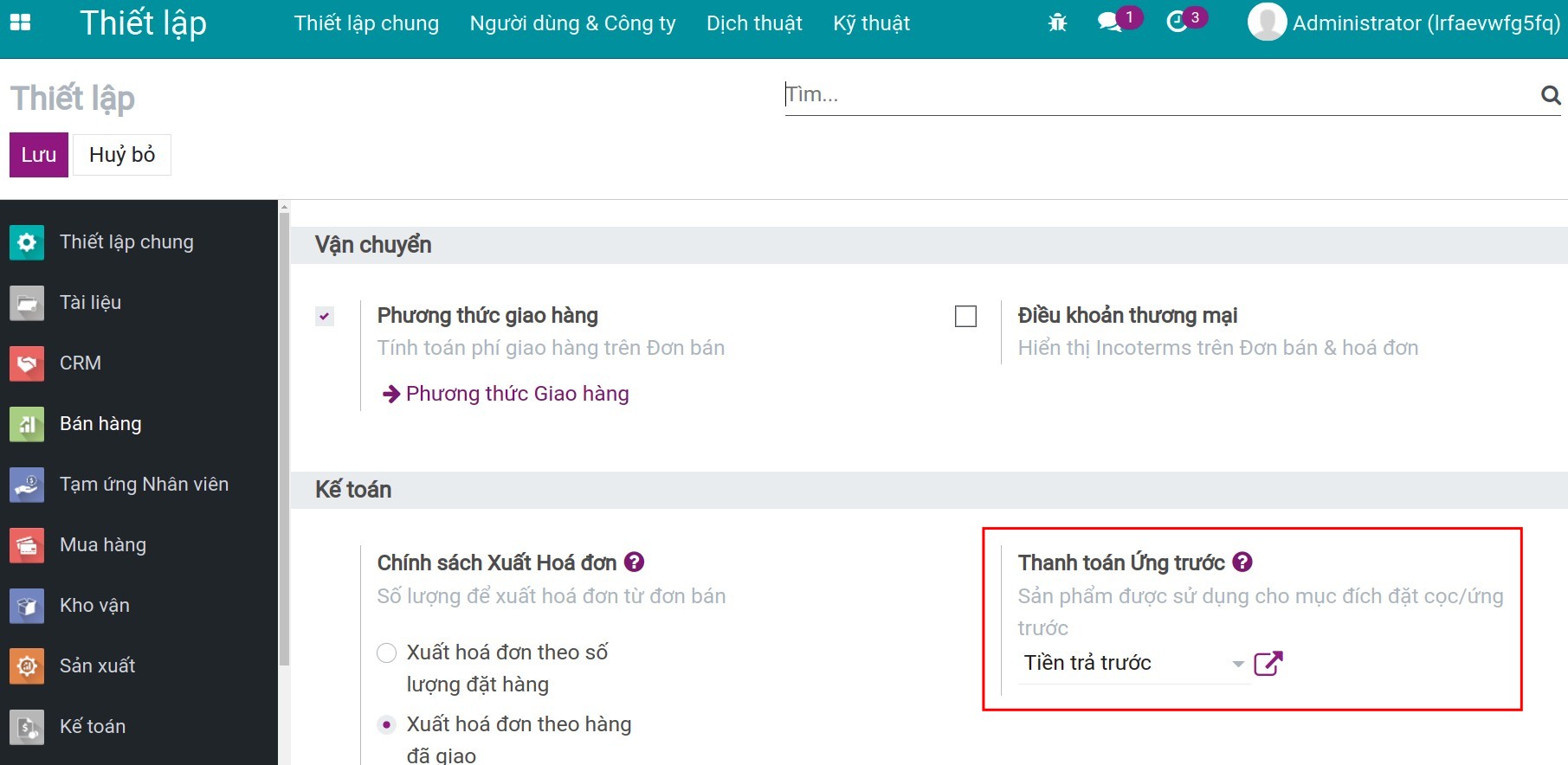 Thiết lập sản phẩm mặc định Tiền trả trước - Viindoo