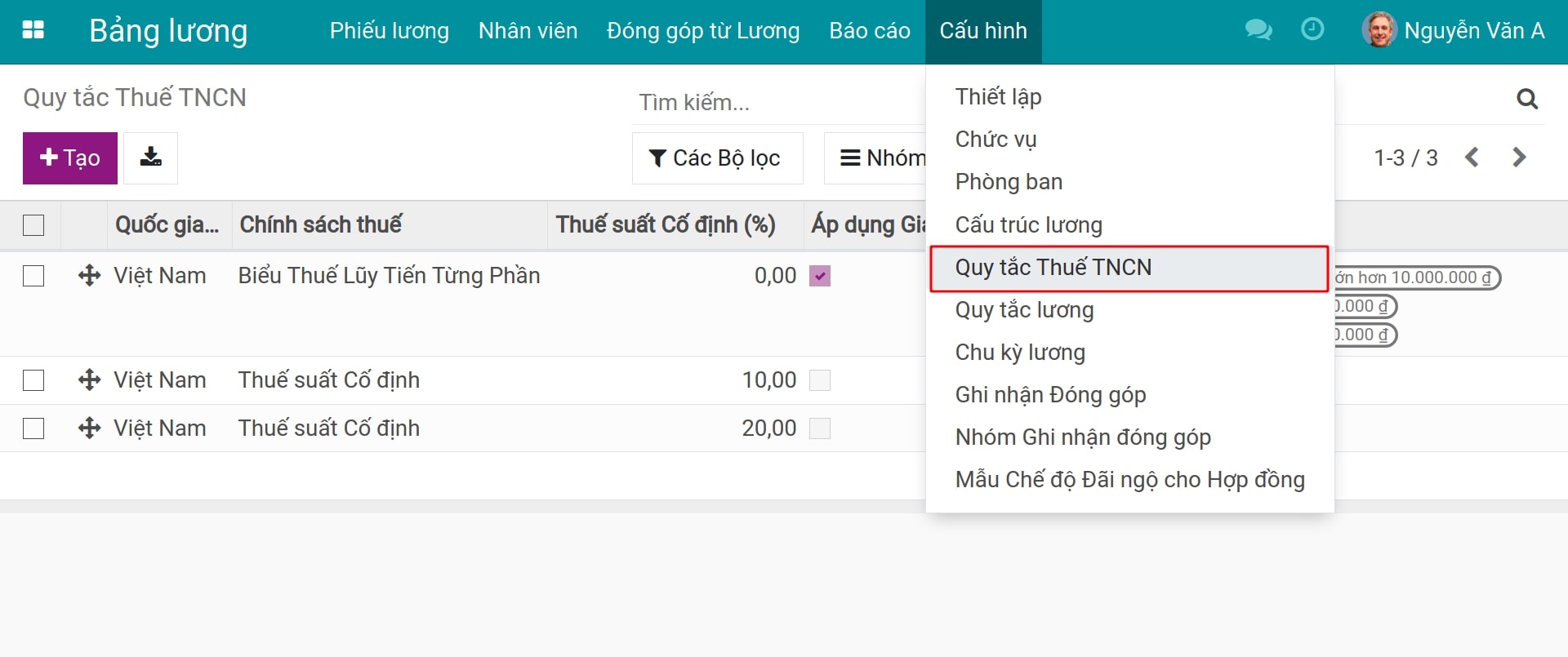 Truy cập giao diện các quy tắc thuế TNC
