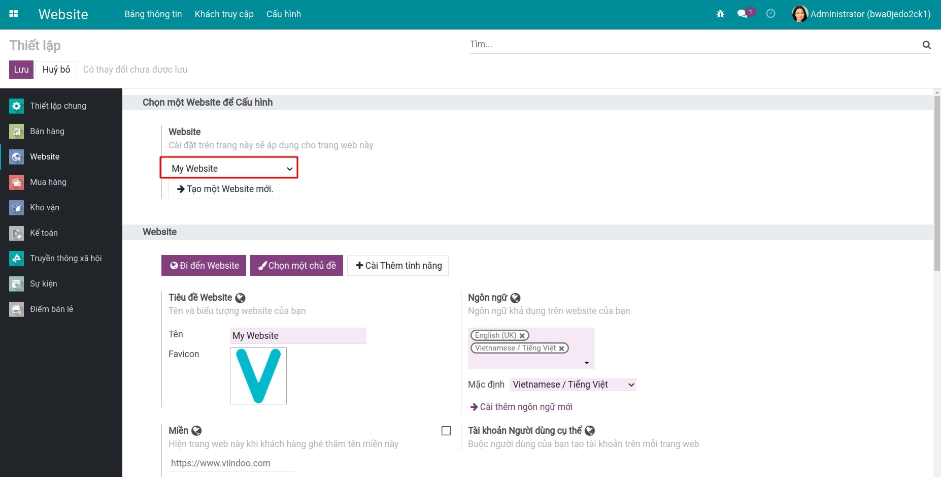 Chọn website gán tên miền riêng có sẵn Website Viindoo