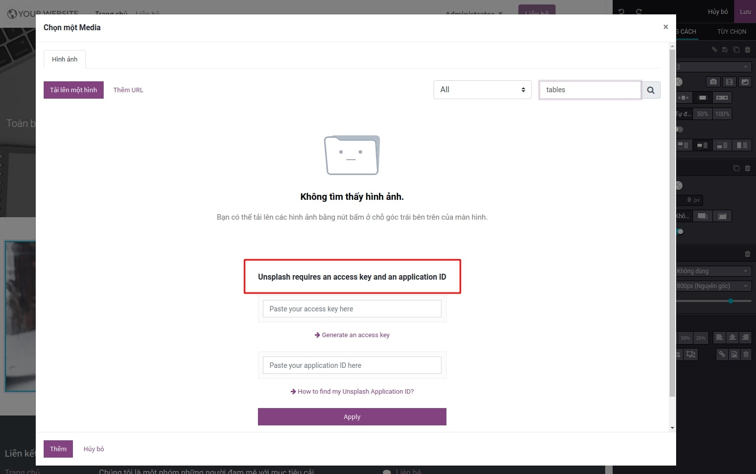 Unsplash yêu cầu Access key và Application ID