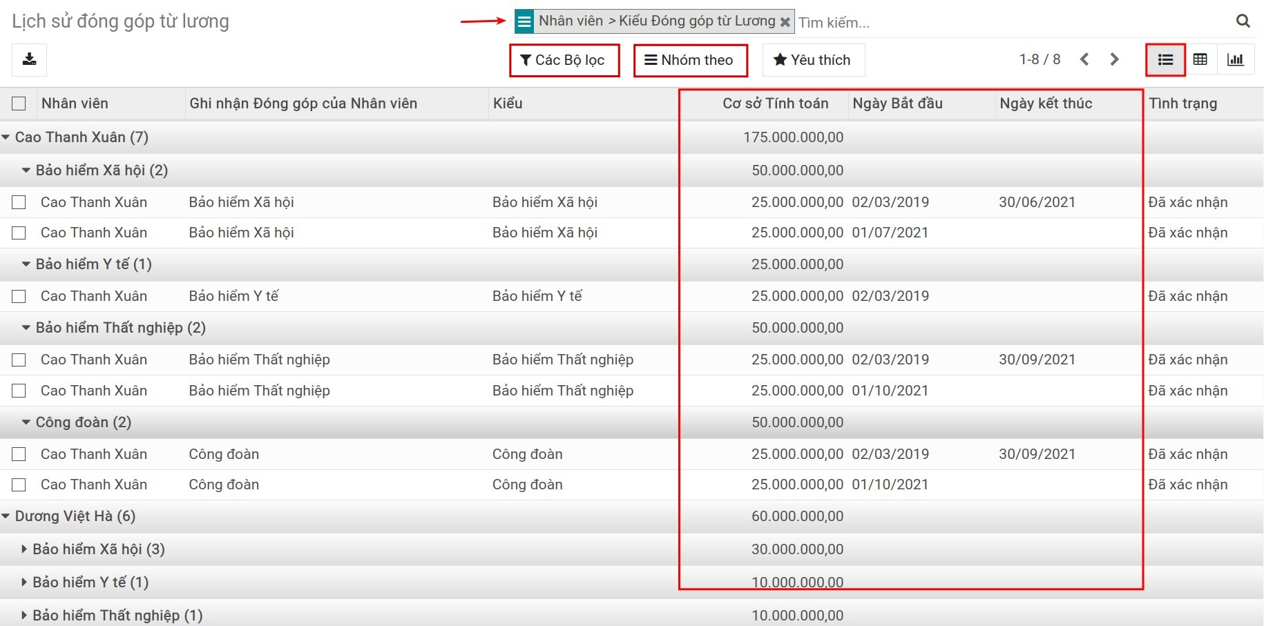 Báo cáo lịch sử đóng góp từ lương dạng danh sách - Kế toán lương Viindoo