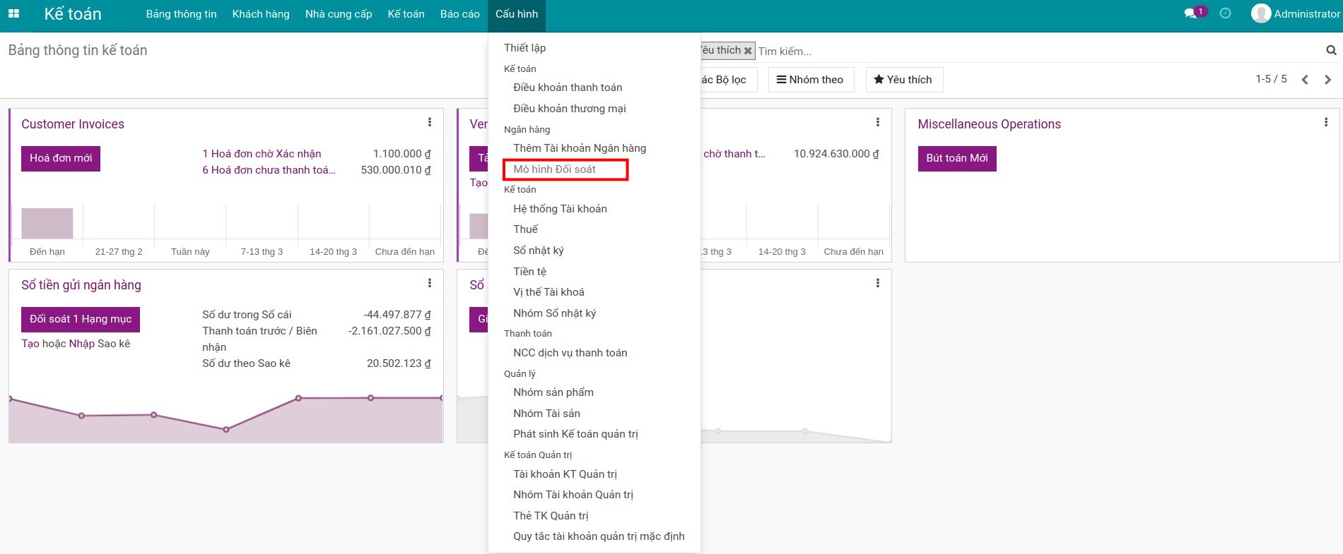 Đường dẫn truy cập mô hình đối soát từ phần cấu hình trên phần mềm Viindoo.
