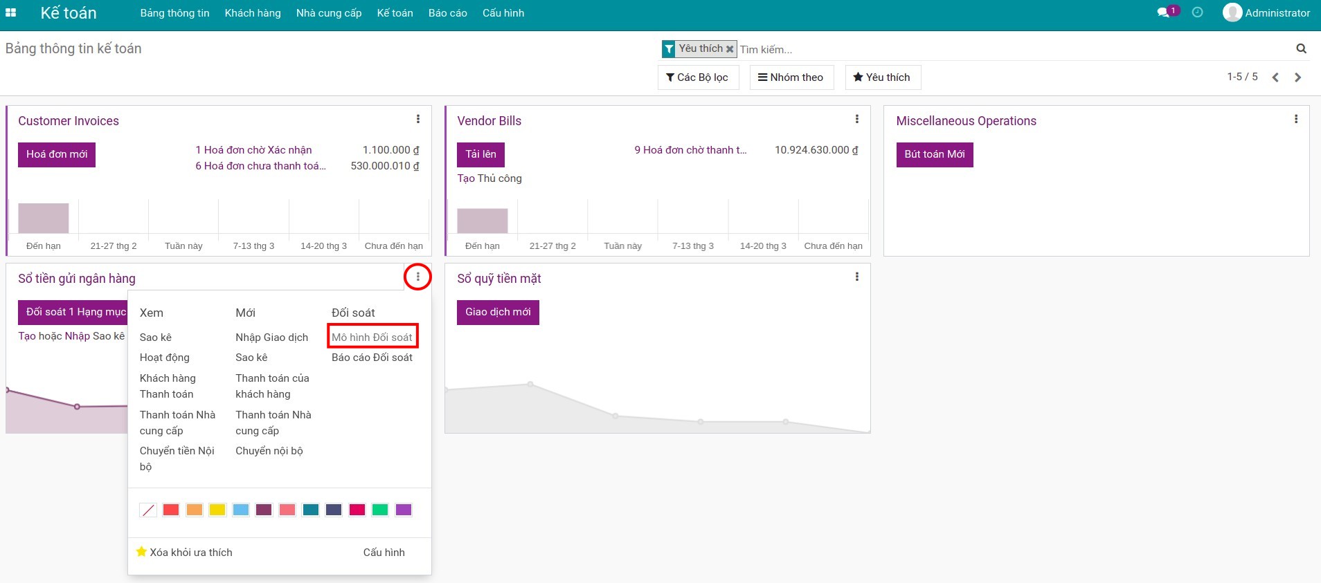 Đường dẫn truy cập mô hình đối soát từ sổ nhật ký tiền gửi trên phần mềm Viindoo.