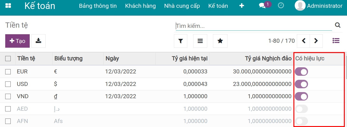 Kích hoạt loại tiền tệ mới