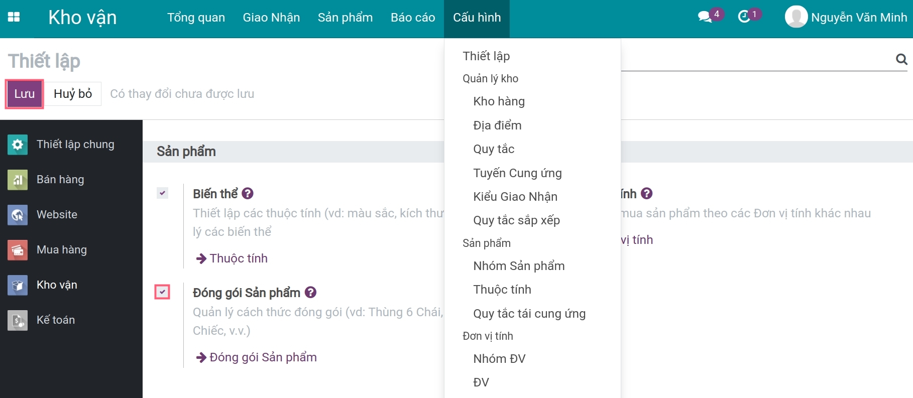 Kích hoạt tính năng đóng gói sản phẩm trong Phần mềm Quản lý kho của Viindoo
