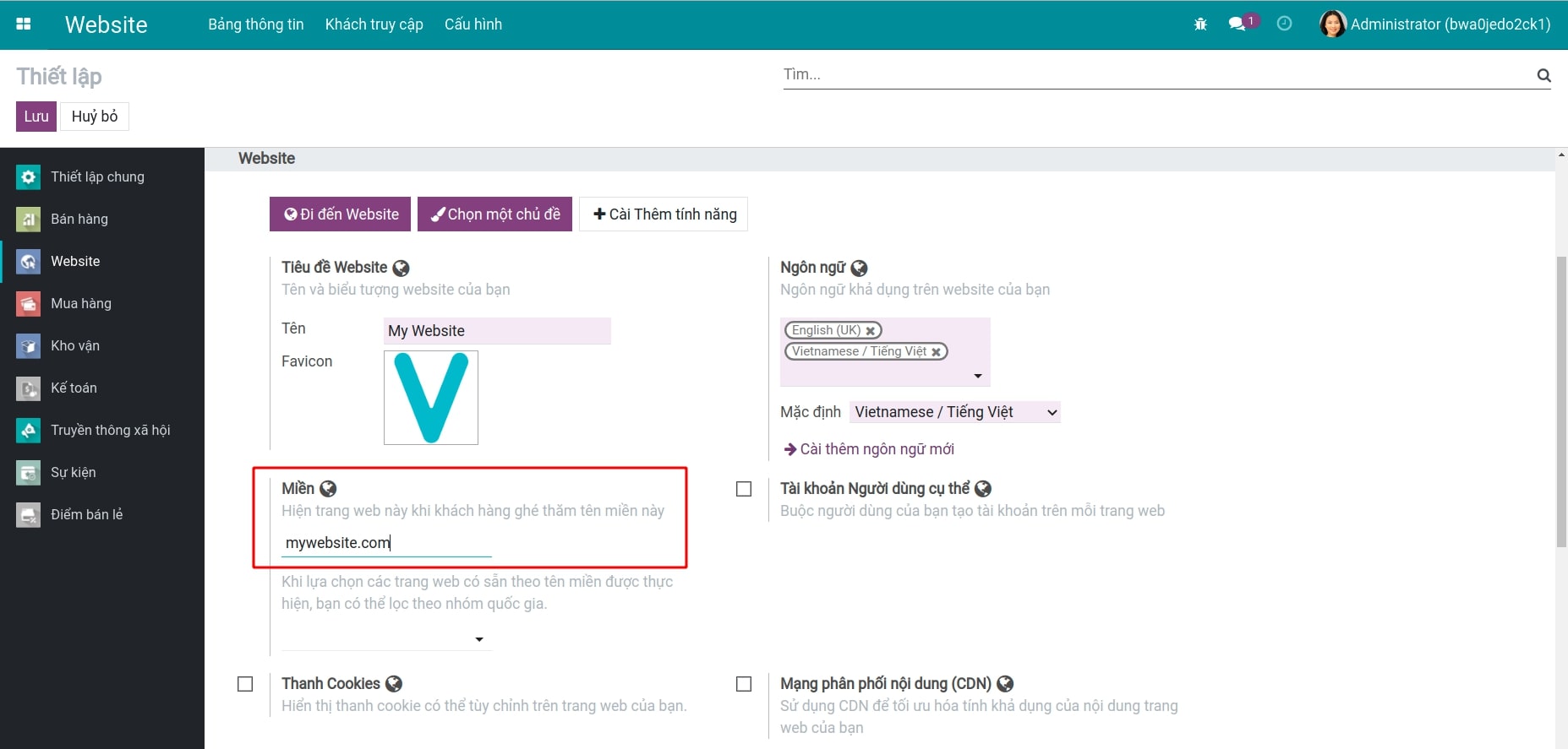 Thêm tên miền có sẵn cho website Website Viindoo