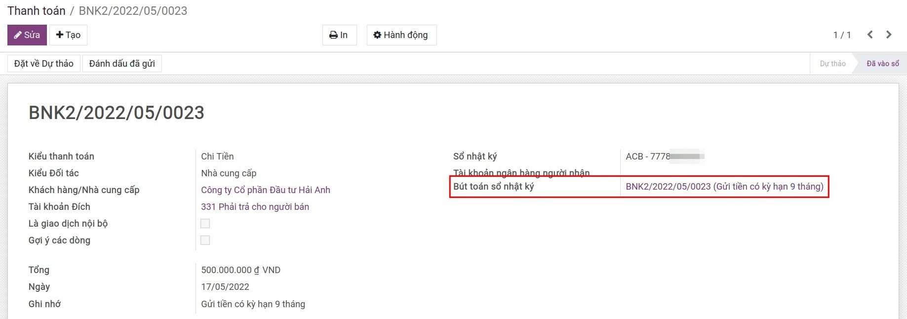 Xem bút toán kế toán trên Viindoo