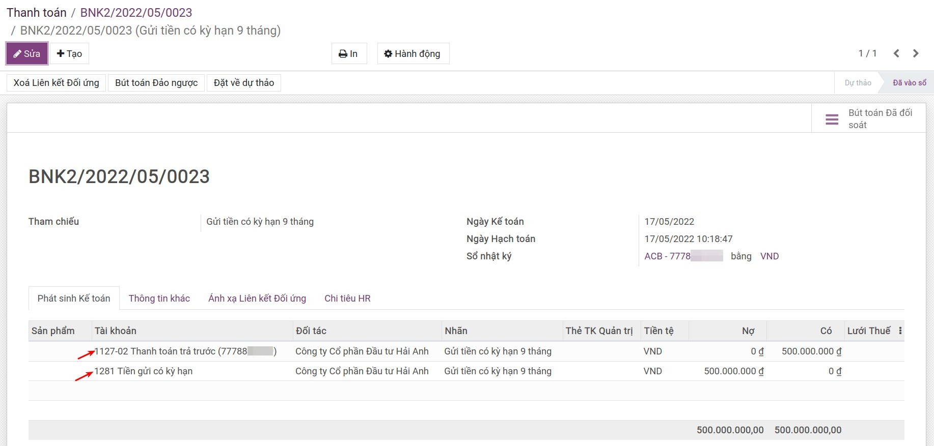 Bút toán sổ nhật ký tiền gửi có kỳ hạn