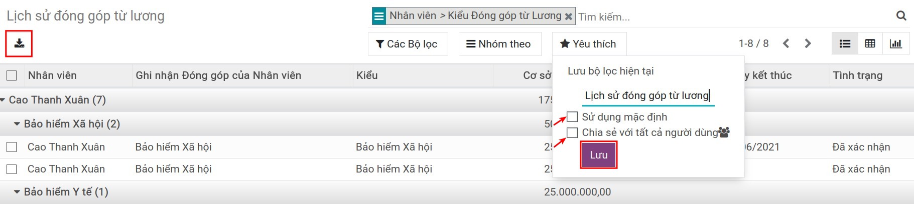 Lưu vào bộ lọc yêu thích - Kế toán lương Viindoo