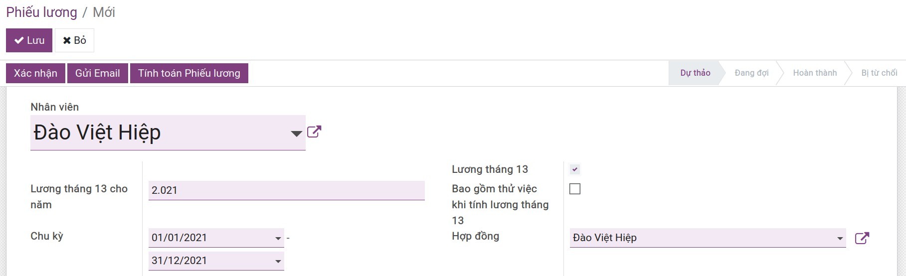 Phiếu lương tháng lương thứ 13 Viindoo