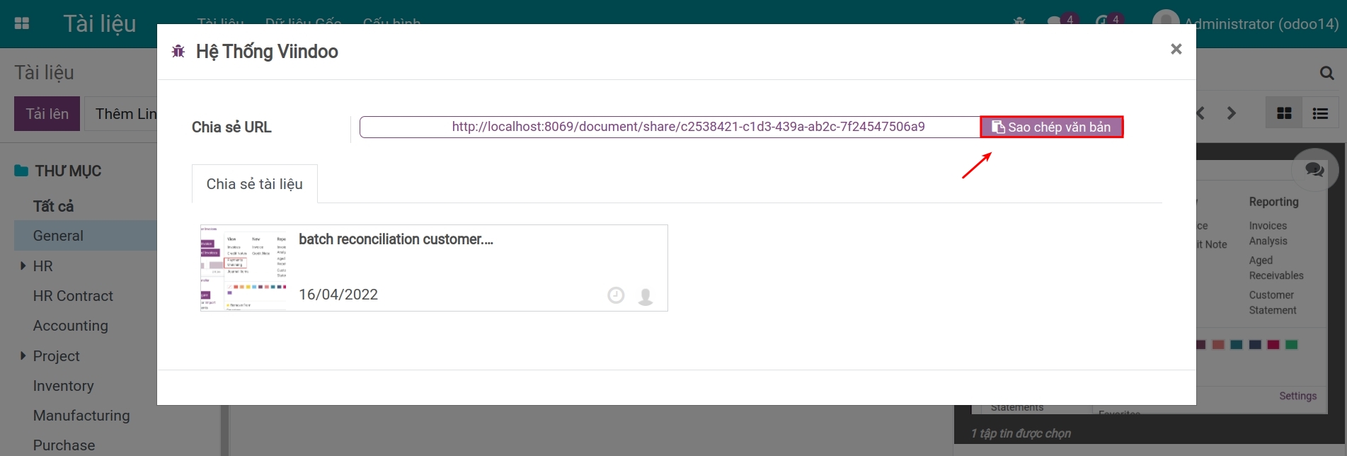 Sao chép URL chia sẻ tài liệu trong Viindoo