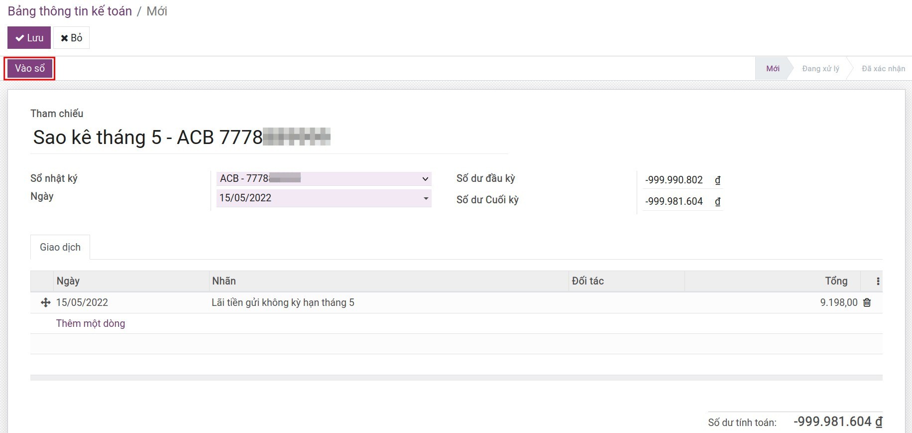 Ghi nhận lãi tiền gửi không kỳ hạn