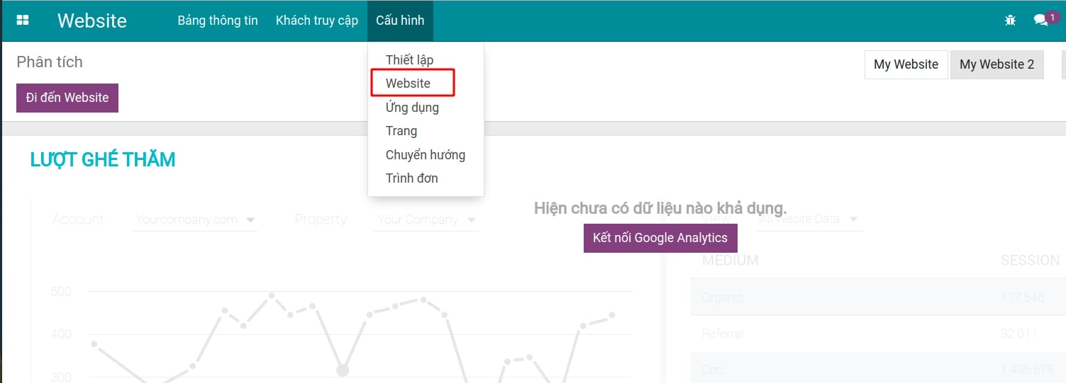Menu Website trong ứng dụng Website Viindoo