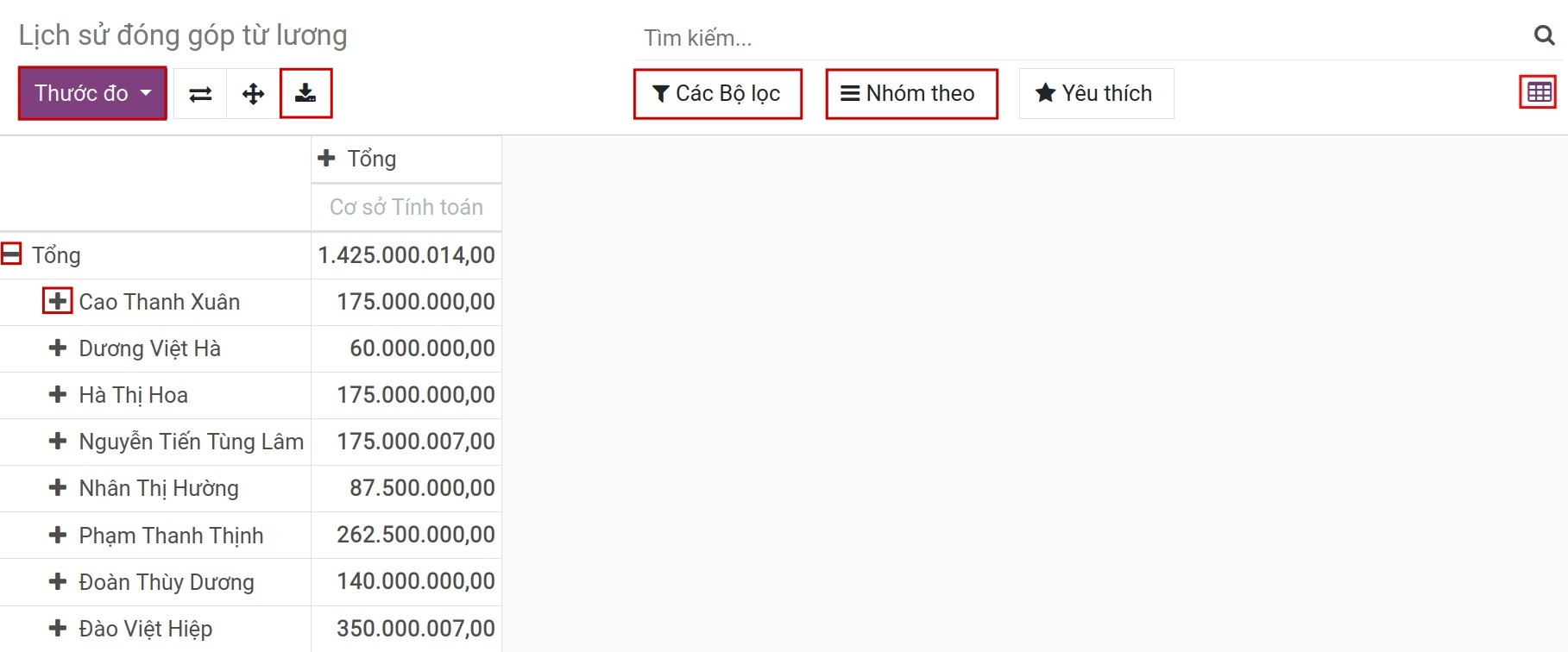 Báo cáo lịch sử đóng góp từ lương dạng pivot - Kế toán lương Viindoo