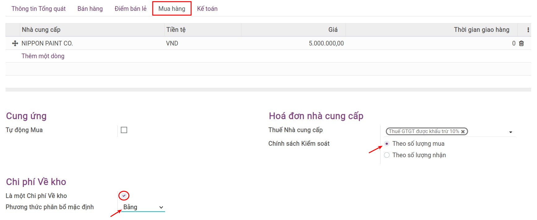 Cấu hình sản phẩm Chi phí về kho - Viindoo Accounting