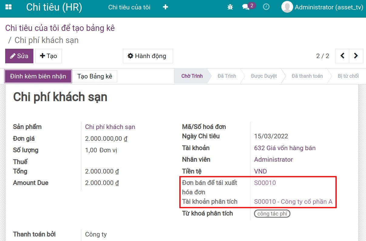 Ghi nhận chi phí trên chi tiêu.