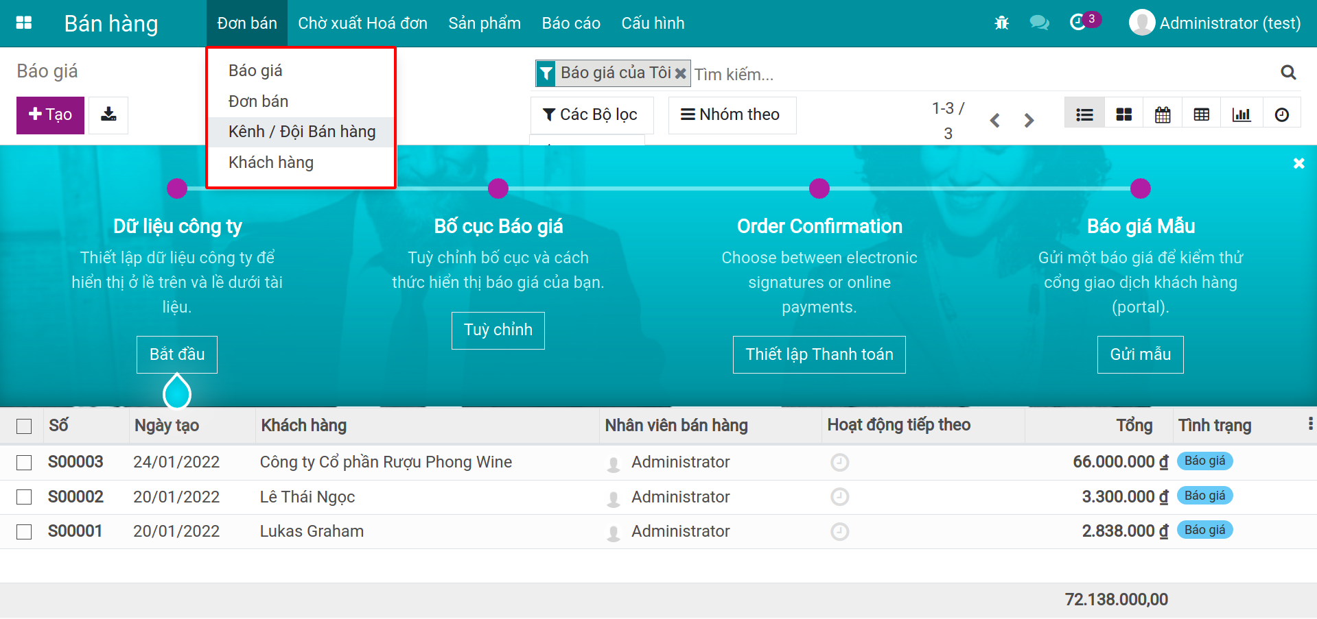 Hiển thị Menu phụ trong ứng dụng Bán hàng của phần mềm Viindoo