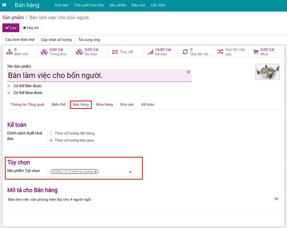 Cấu hình sản phẩm tùy chọn trong bán hàng - Viindoo.