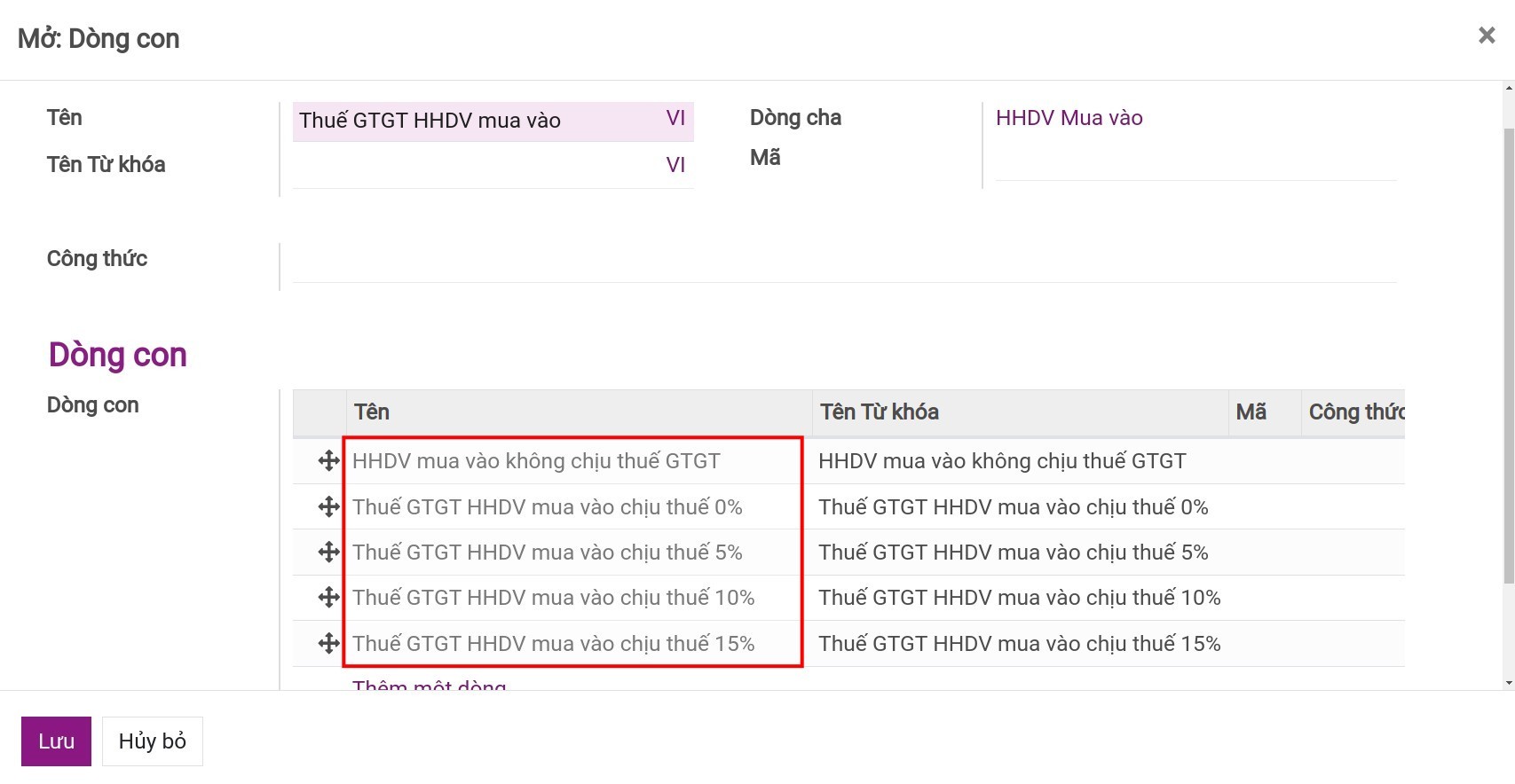 Tạo dòng thuế con trên lưới thuế