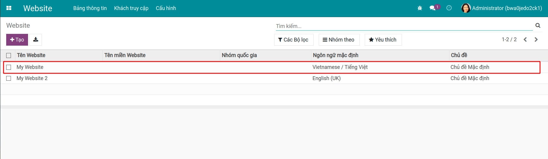 Quản lý website trong ứng dụng Website Viindoo