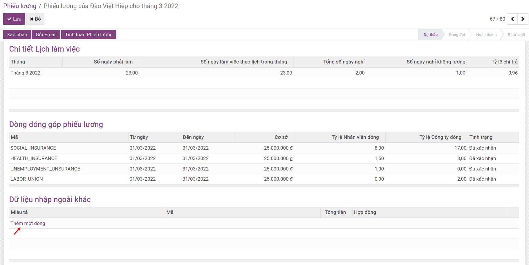 Chi tiết đóng góp trên phiếu lương Viindoo