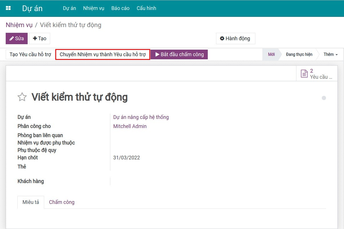 Chọn chuyển thành Yêu cầu hỗ trợ