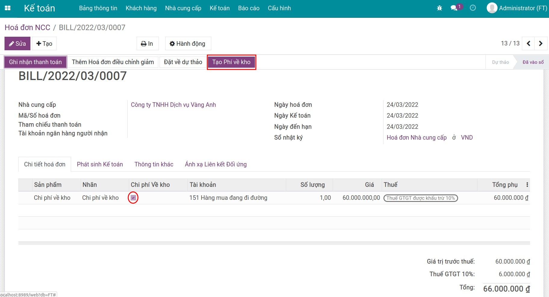 Hóa đơn ghi nhận Chi phí về kho - Viindoo Accounting