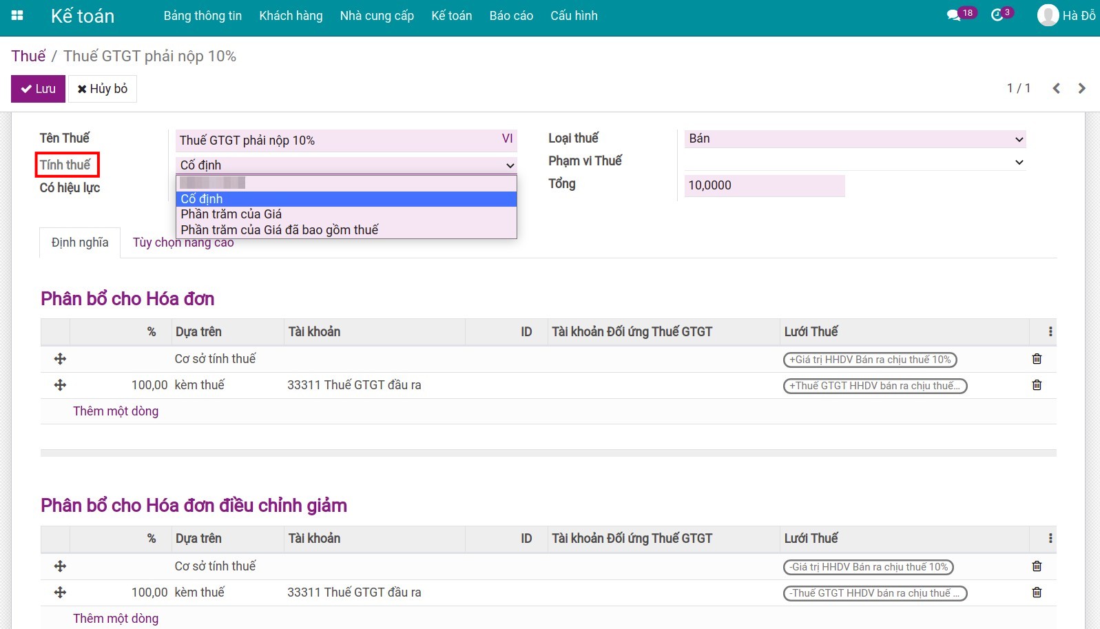 Phân bổ thuế khi sử dụng trên Viindoo