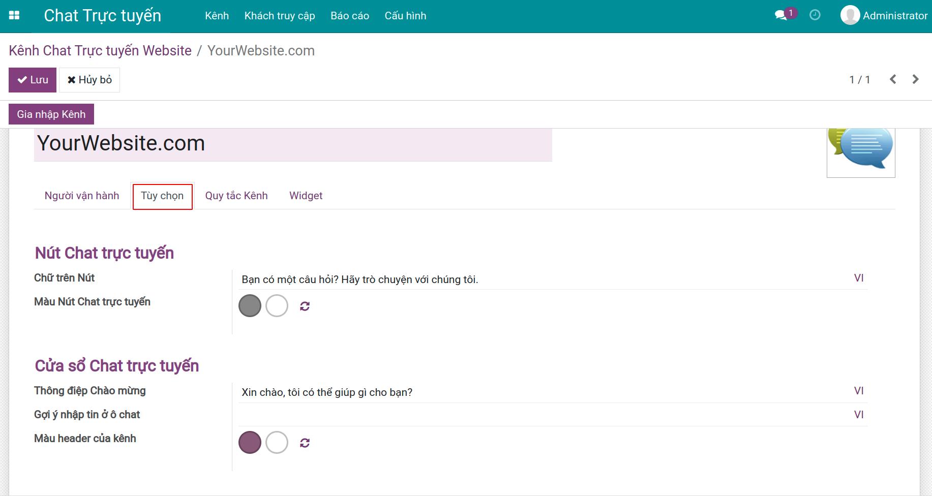 Thiết lập thông tin tùy chọn