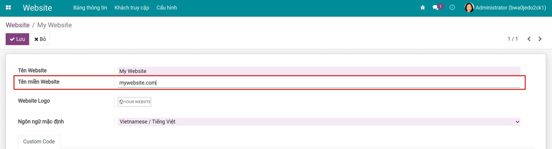 Gắn tên miền có sẵn cho website menu Viindoo