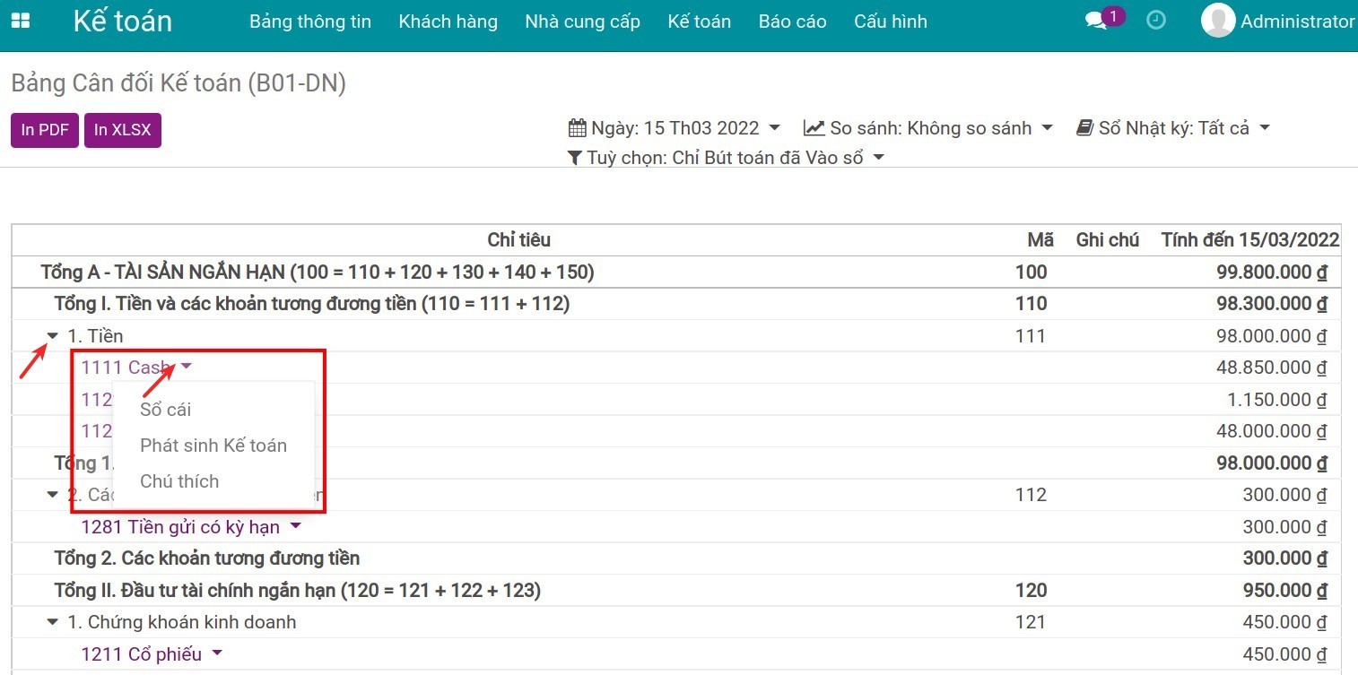 Xem chi tiết phát sinh kế toán từ báo cáo