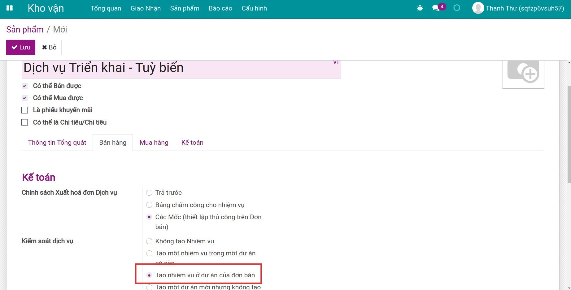 Cấu hình sản phảm trên đơn bán.