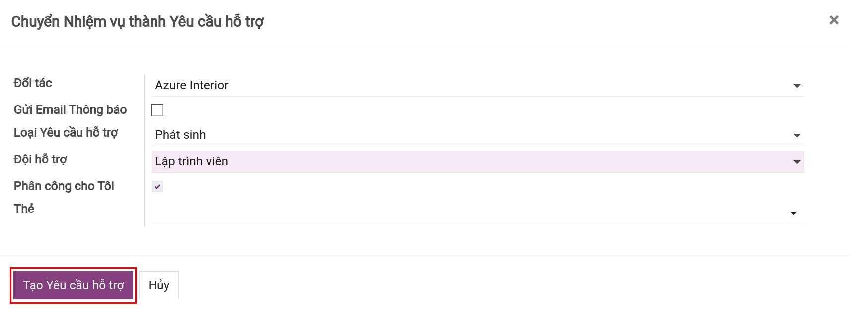 Chọn tiêu chí tạo yêu cầu