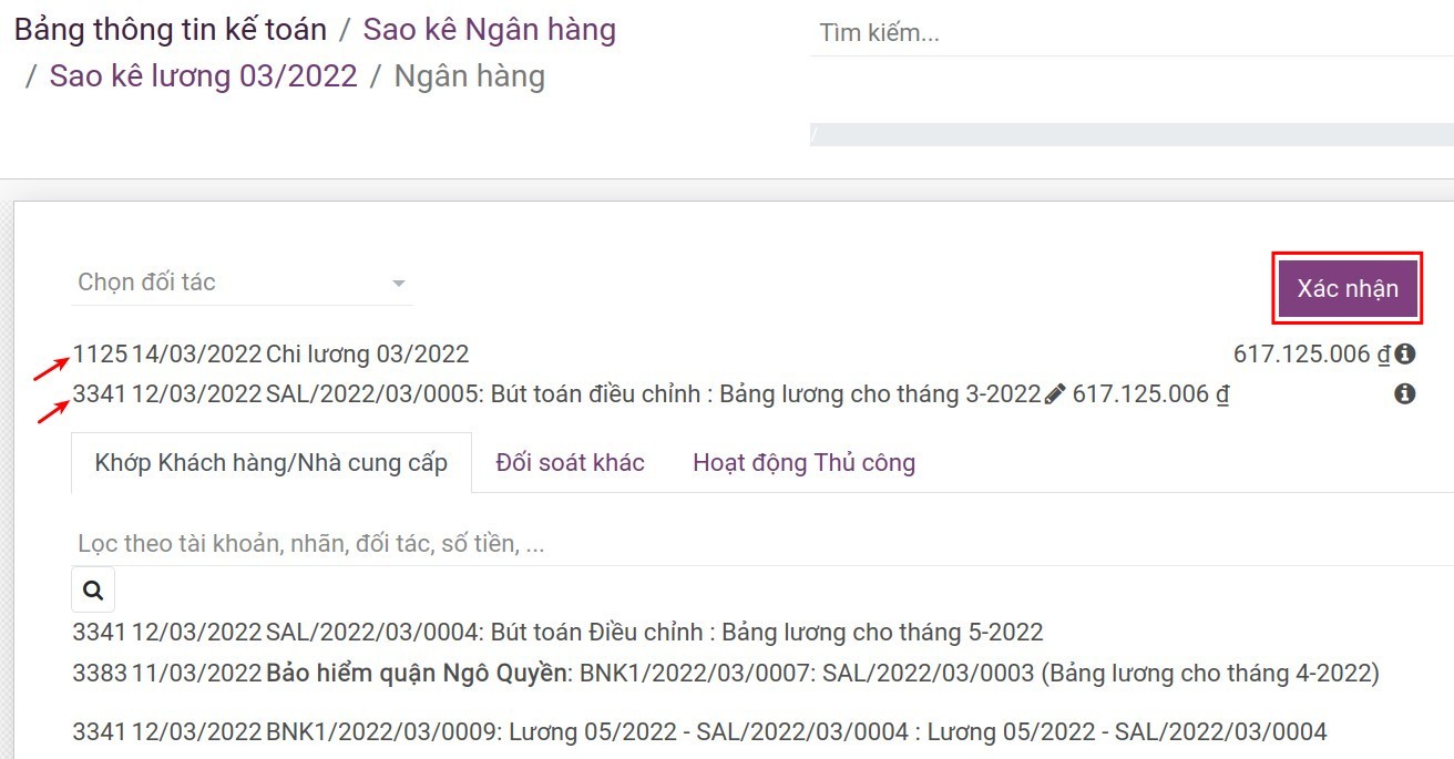 Đối soát tài khoản ngân hàng với phải trả nhân viên -Kế toán tiền lương Viindoo