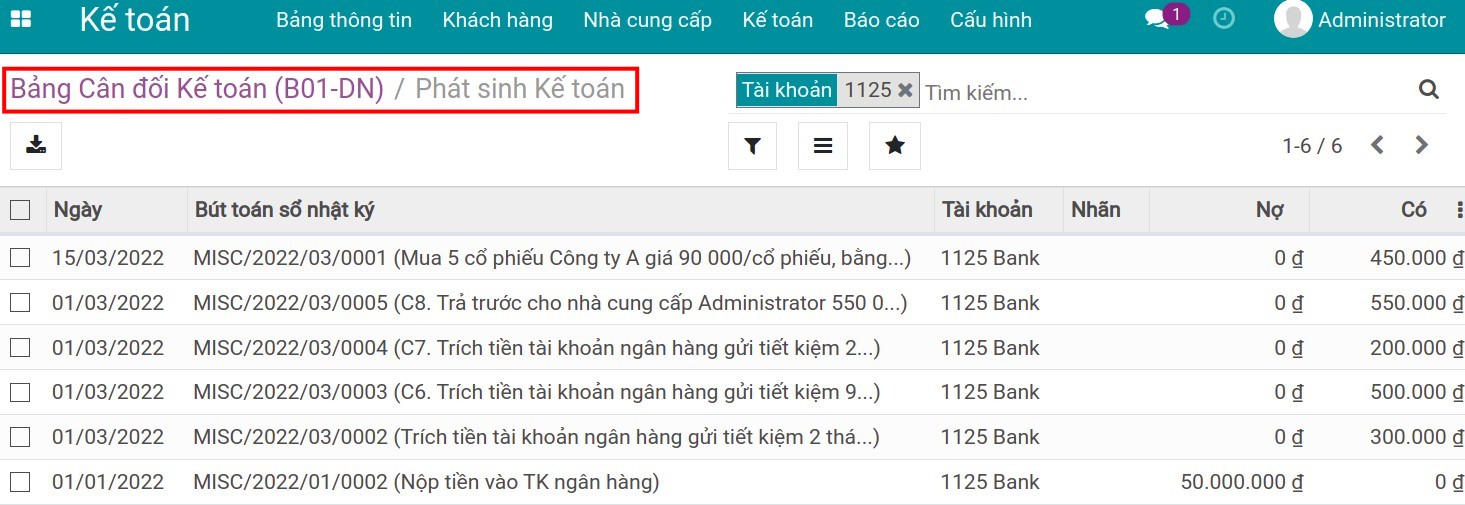 Hiển thị phát sinh kế toán được xem từ bảng cân đối kế toán