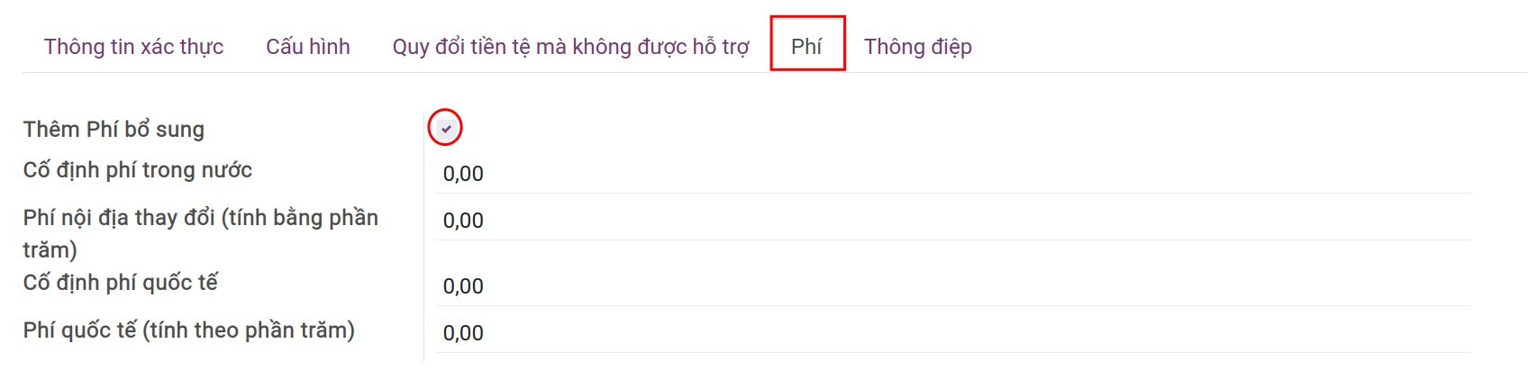 Tab ghi nhận phí chuyển đổi - Viindoo Accounting