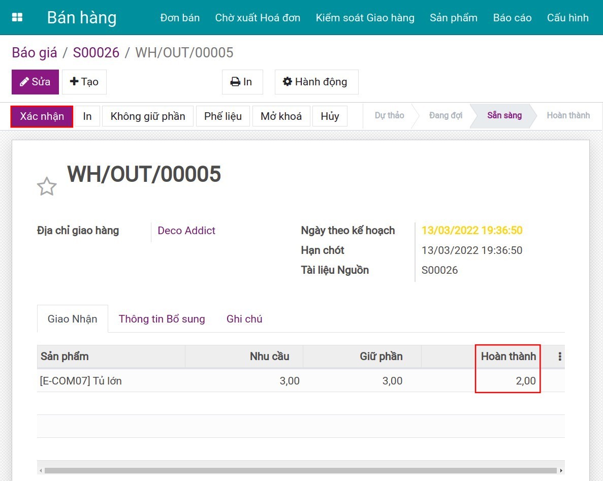 Xác nhận số lượng đã giao Invoice Viindoo