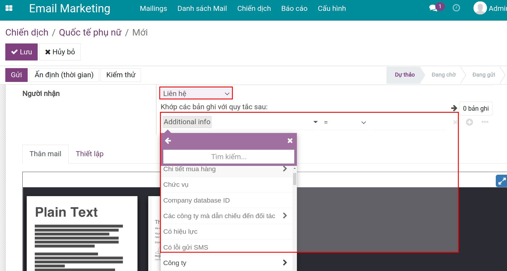 Điều kiện khớp cho loại liên hệ.