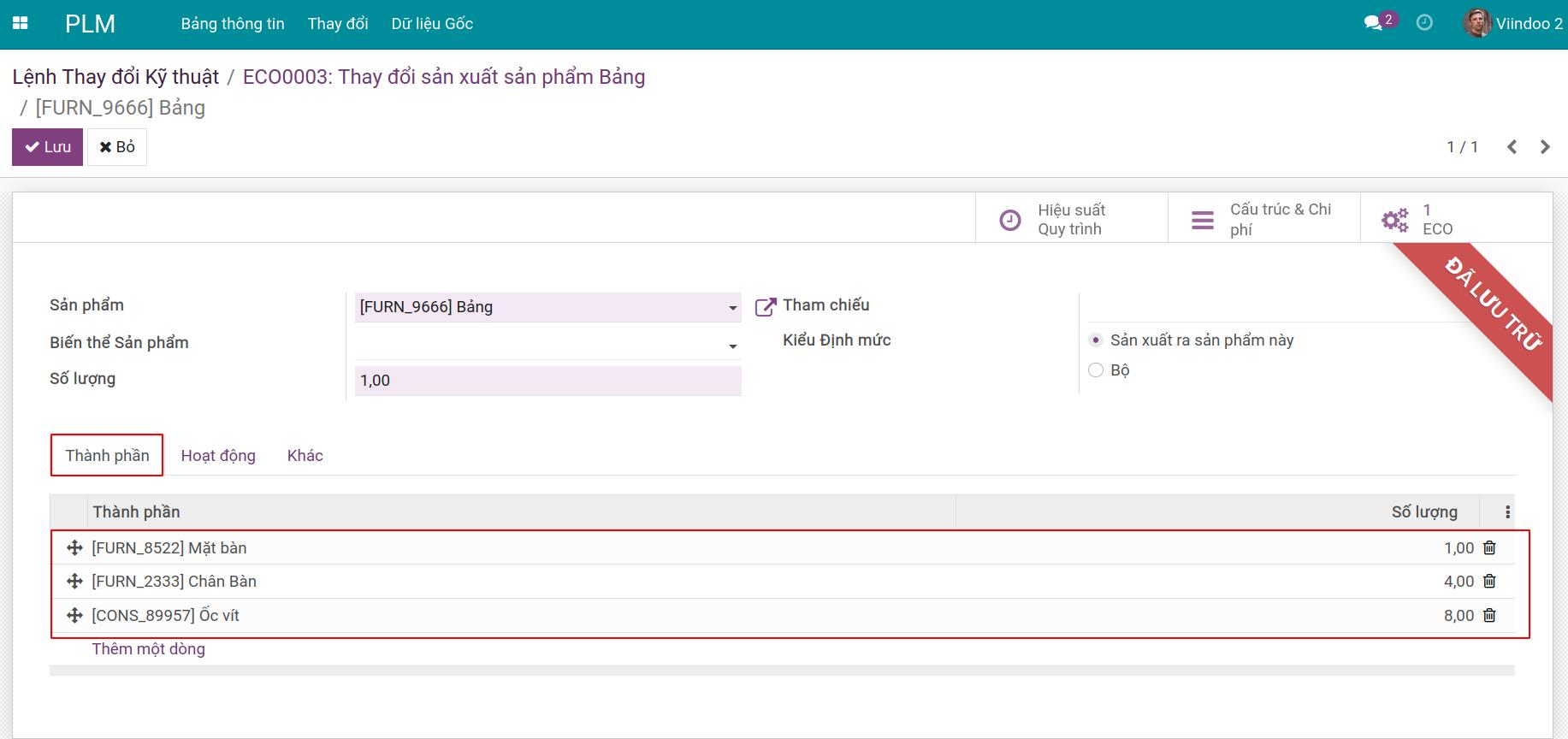 Sửa thành phần trong BOM