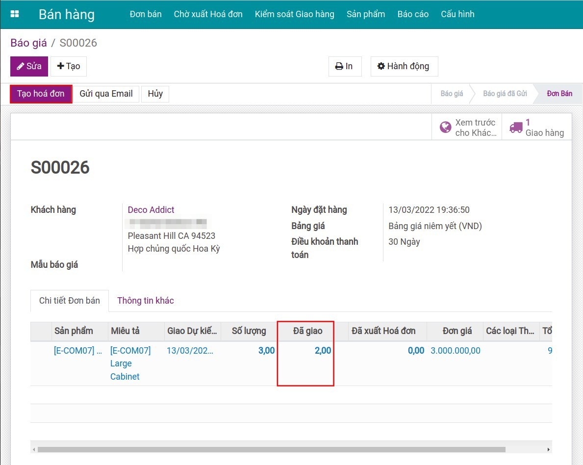 Tạo hóa đơn theo số lượng đã giao Invoice Viindoo