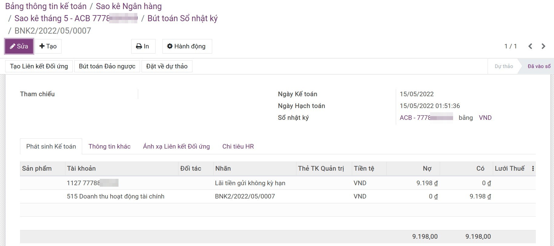 Bút toán ghi nhận lãi tiền gửi