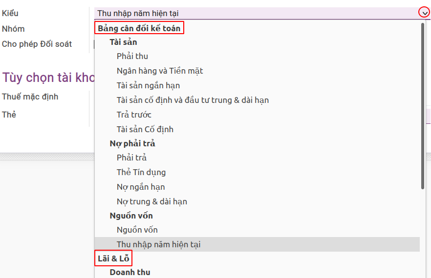 Kiểu tài khoản kế toán - phần mềm kế toán Viindoo