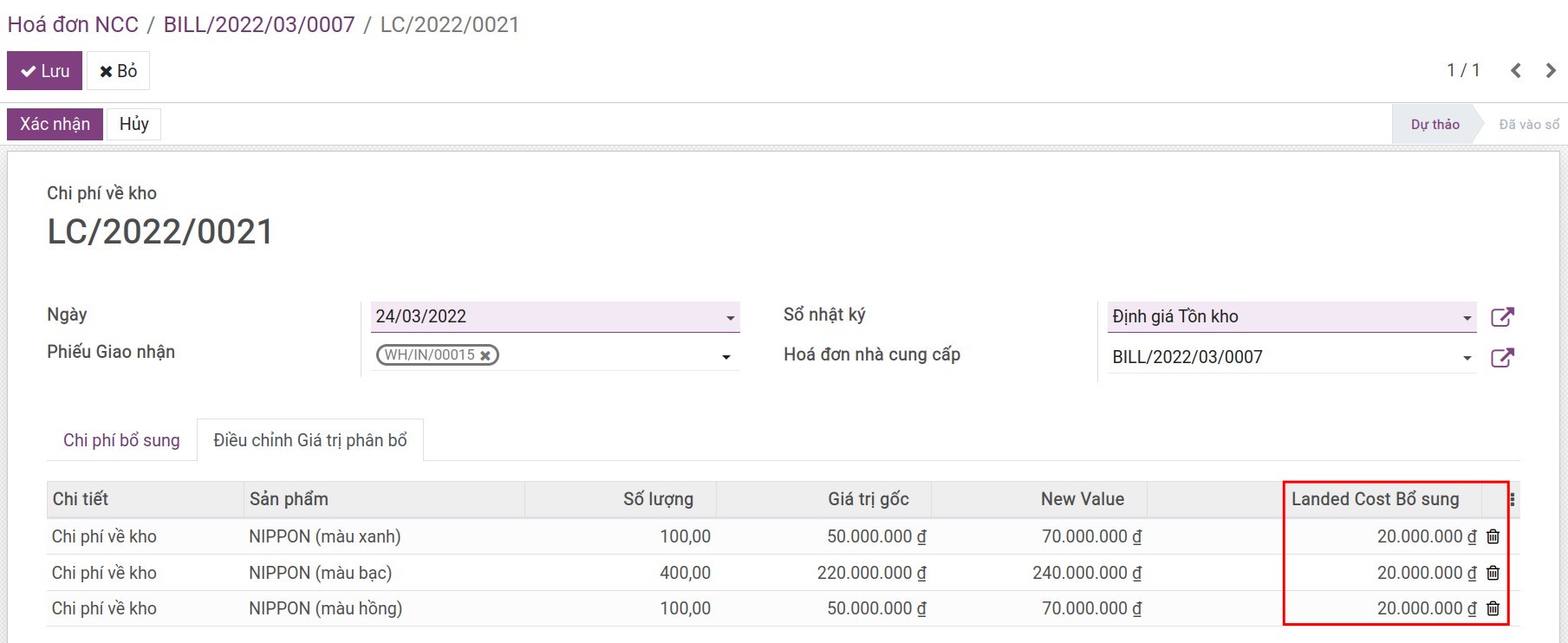 Phân bổ chi phí về kho theo phương thức phân bổ bằng - Viindoo Accounting