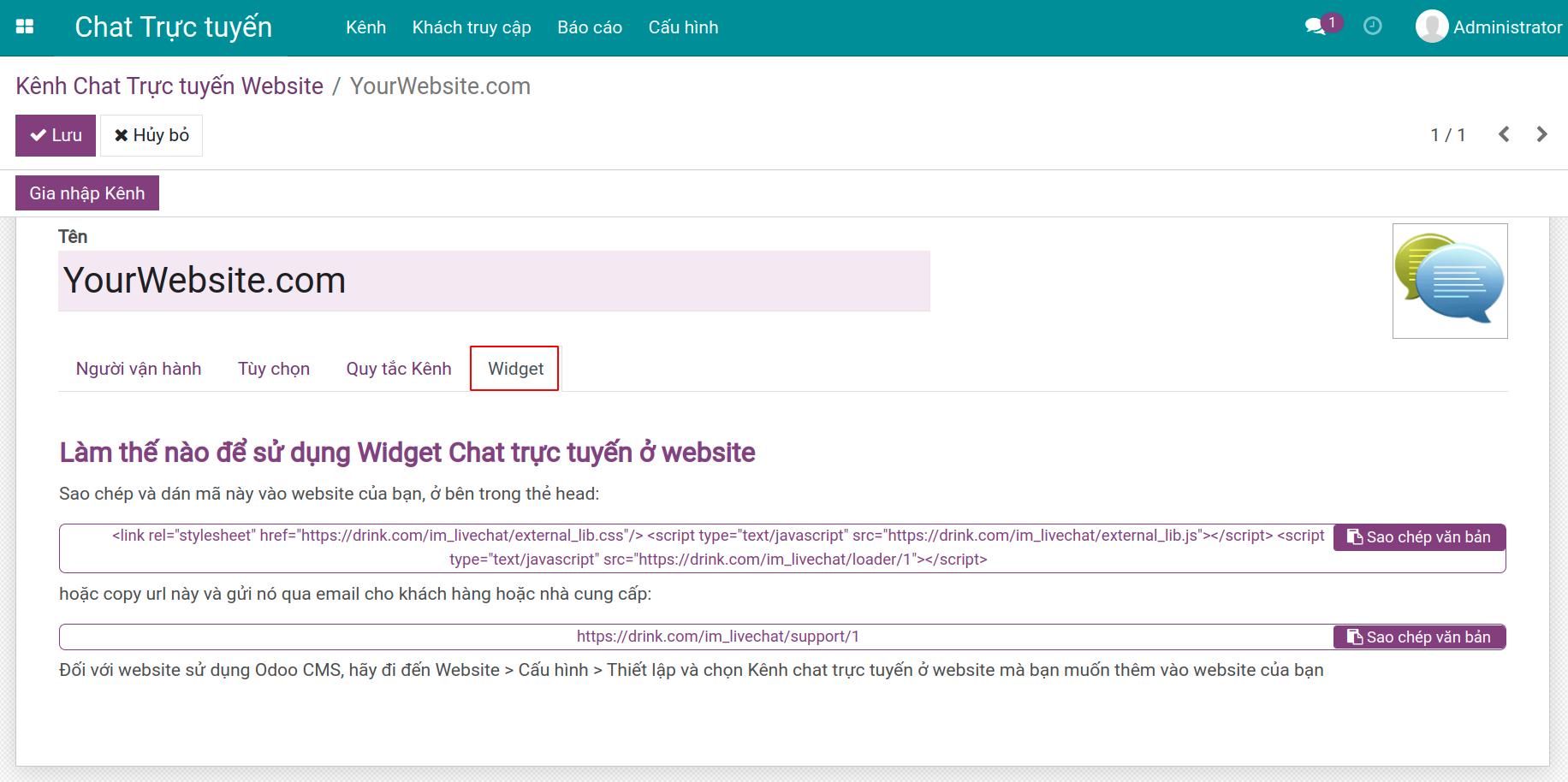 Thiết lập thông tin widget