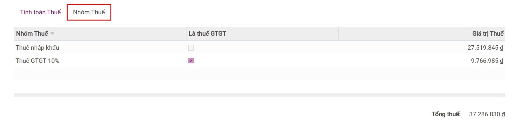 Nhóm thuế - Quản lý xuất nhập khẩu Viindoo