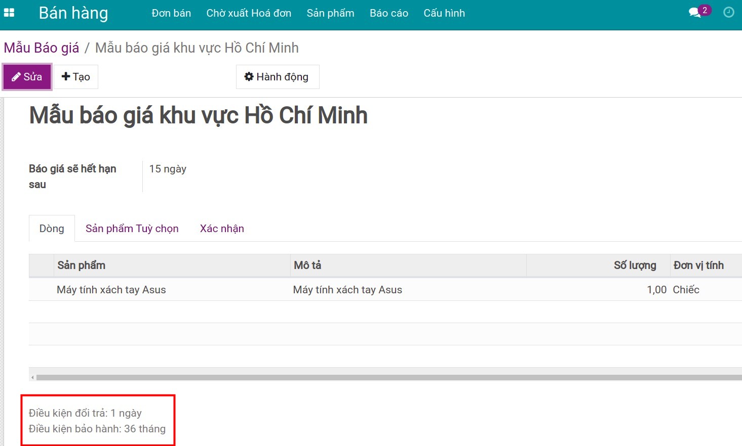 Thêm điều kiện trên mẫu báo giá