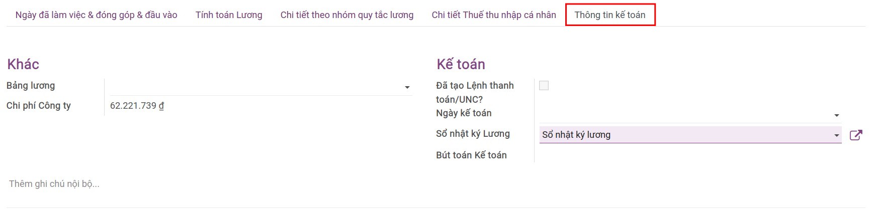 Tab thông tin kế toán trên phiếu lương Viindoo