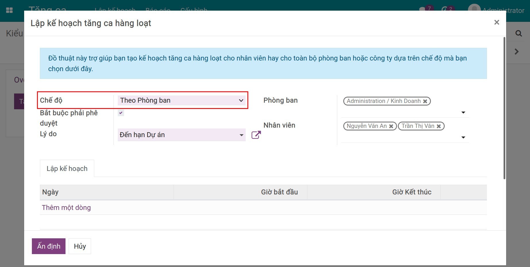 Chế độ theo phòng ban