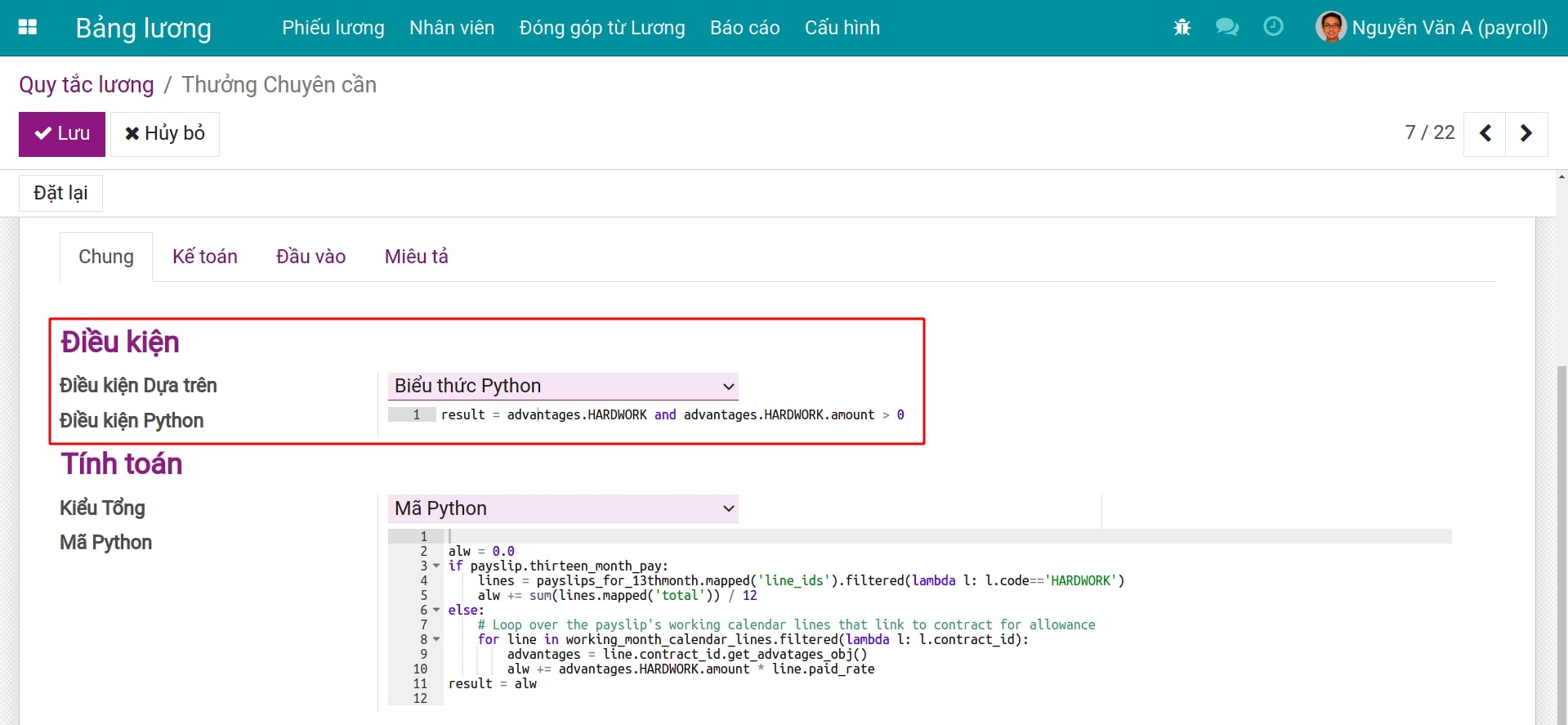Kiểu điều kiện tính toán Biểu thức Python Quy tắc lương Bảng lương Viindoo